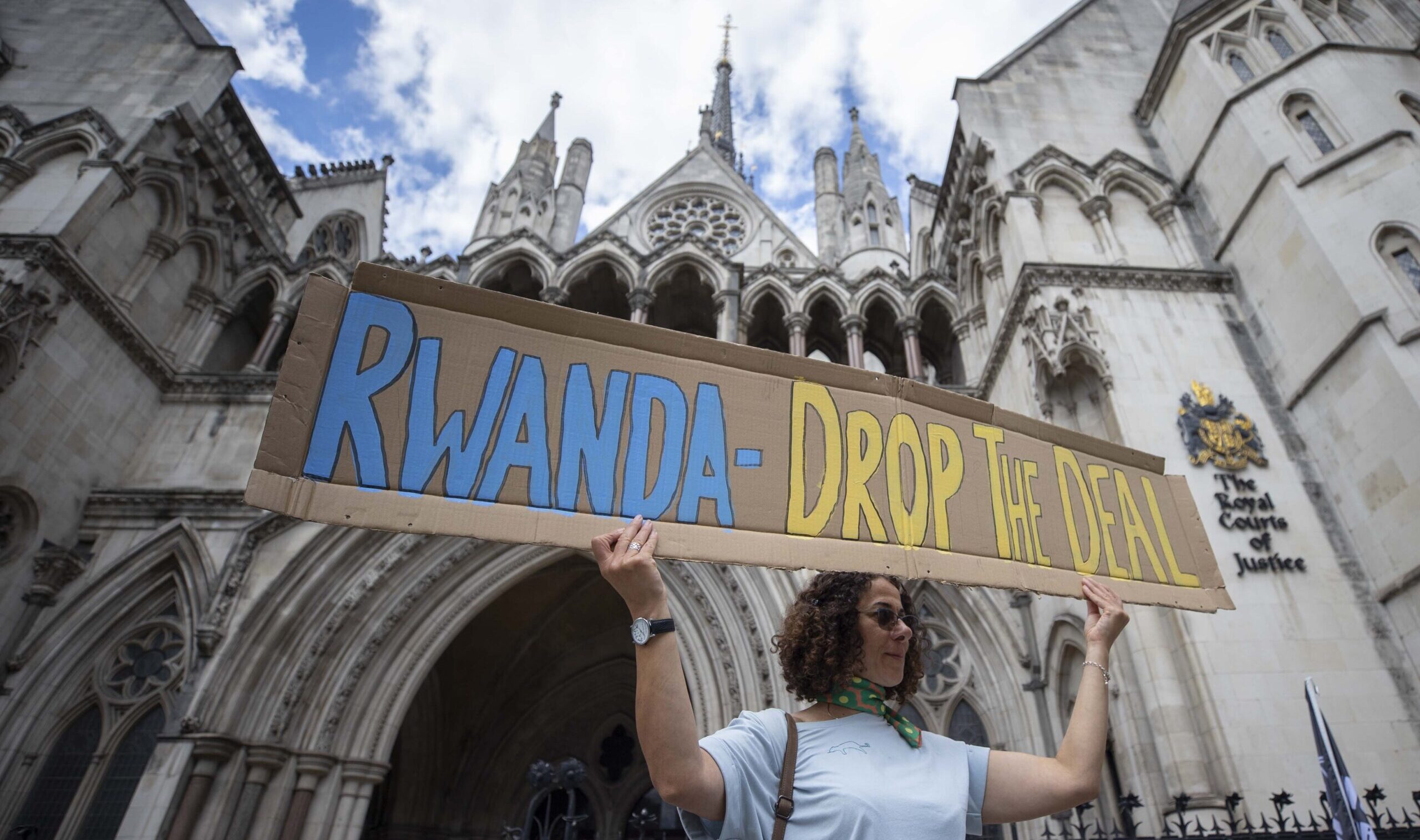 A protester demonstrates over the Rwanda plan outside the Supreme Court. Credit: Getty