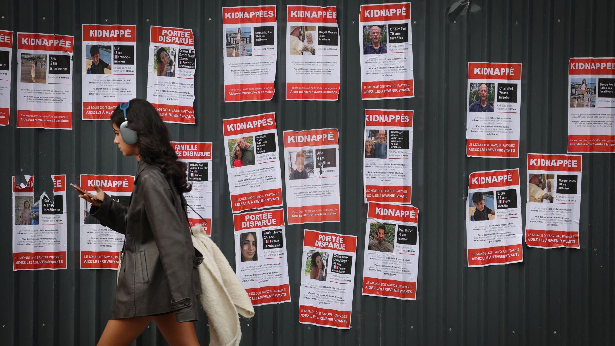 Posters of missing Israeli citizens have been torn down across Europe and North America. Credit: Getty