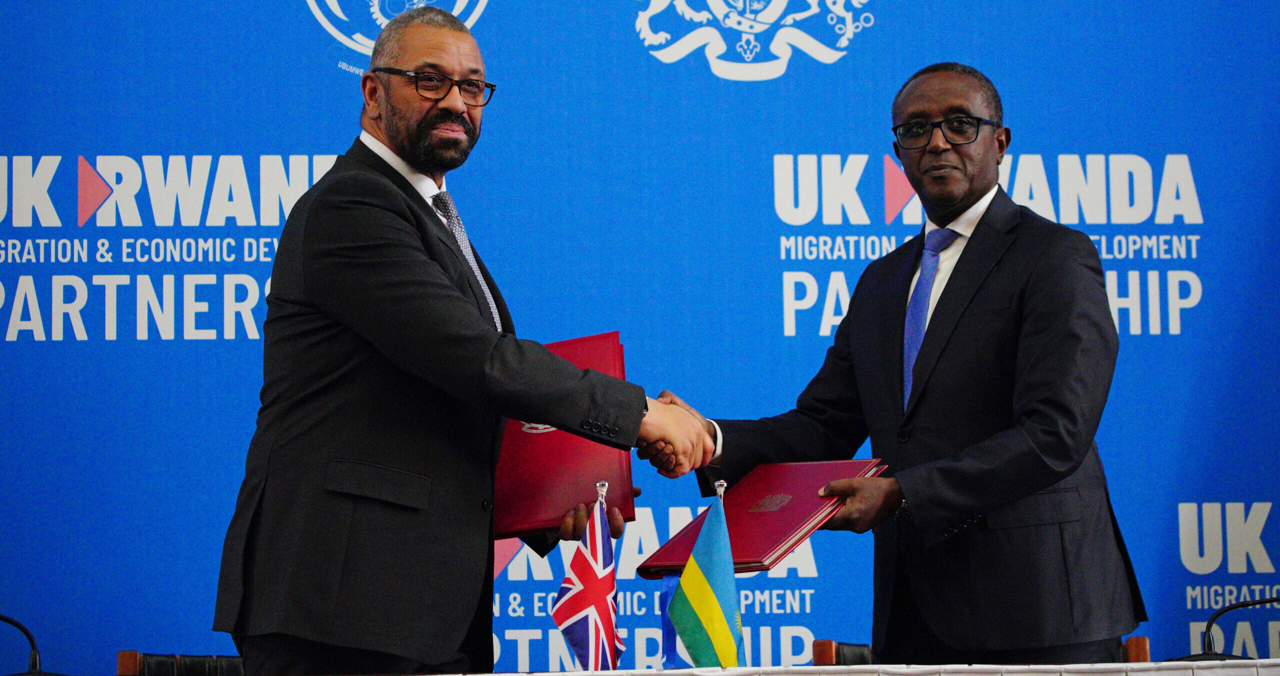 James Cleverly meets Rwandan Foreign Minister Vincent Biruta in Kigali on Tuesday. Credit: Getty