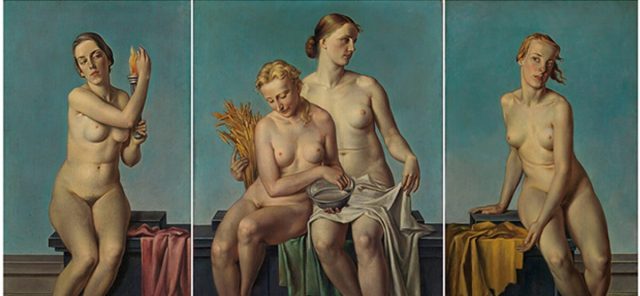 Formerly property of Adolf Hitler. (Adolf Ziegler, The four elements, before 1937, triptych, Bayerische Staatsgemäldesammlungen München, Pinakothek der Moderne)