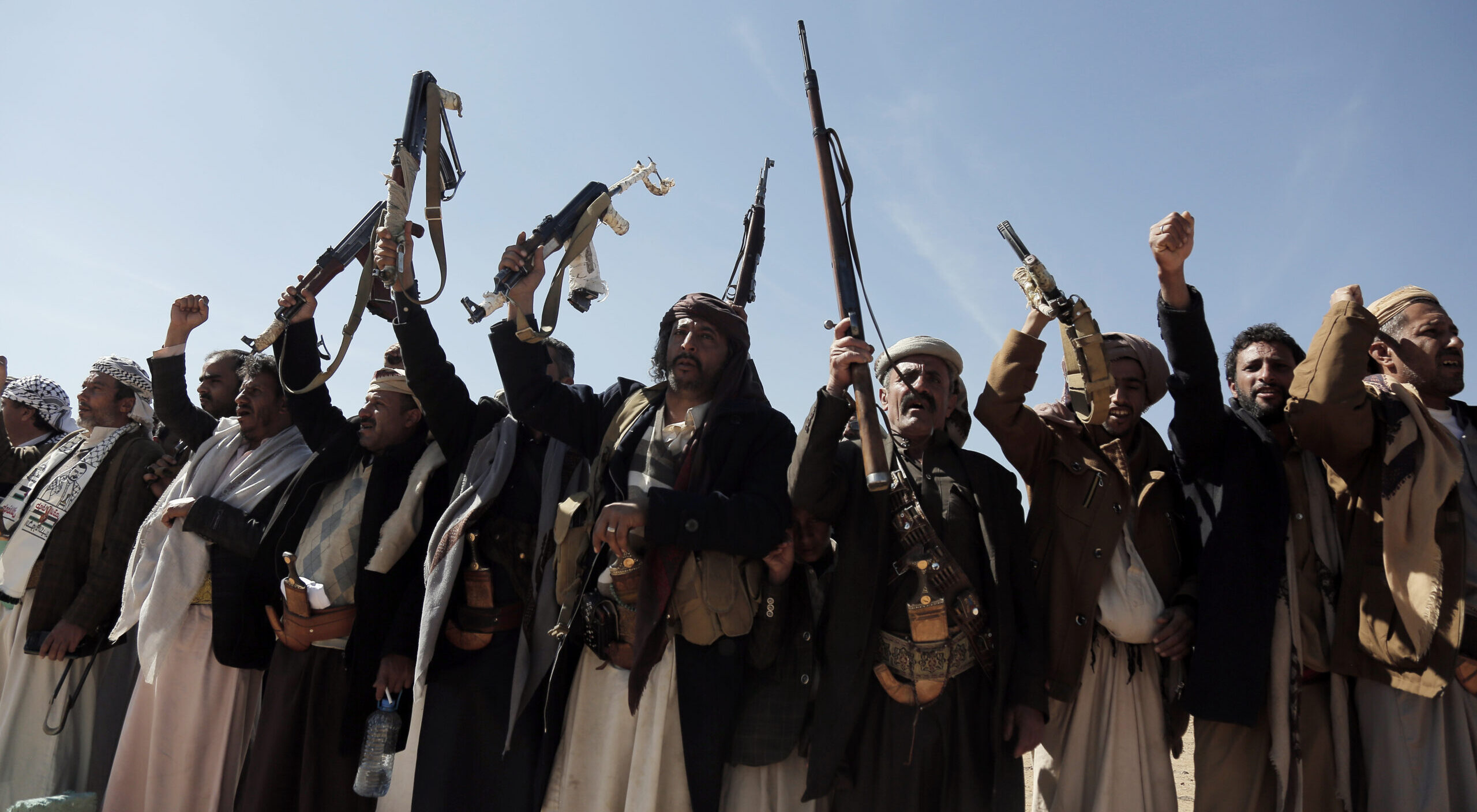 Houthi rebels in Yemen this week, protesting the US-led airstrikes. Credit: Getty