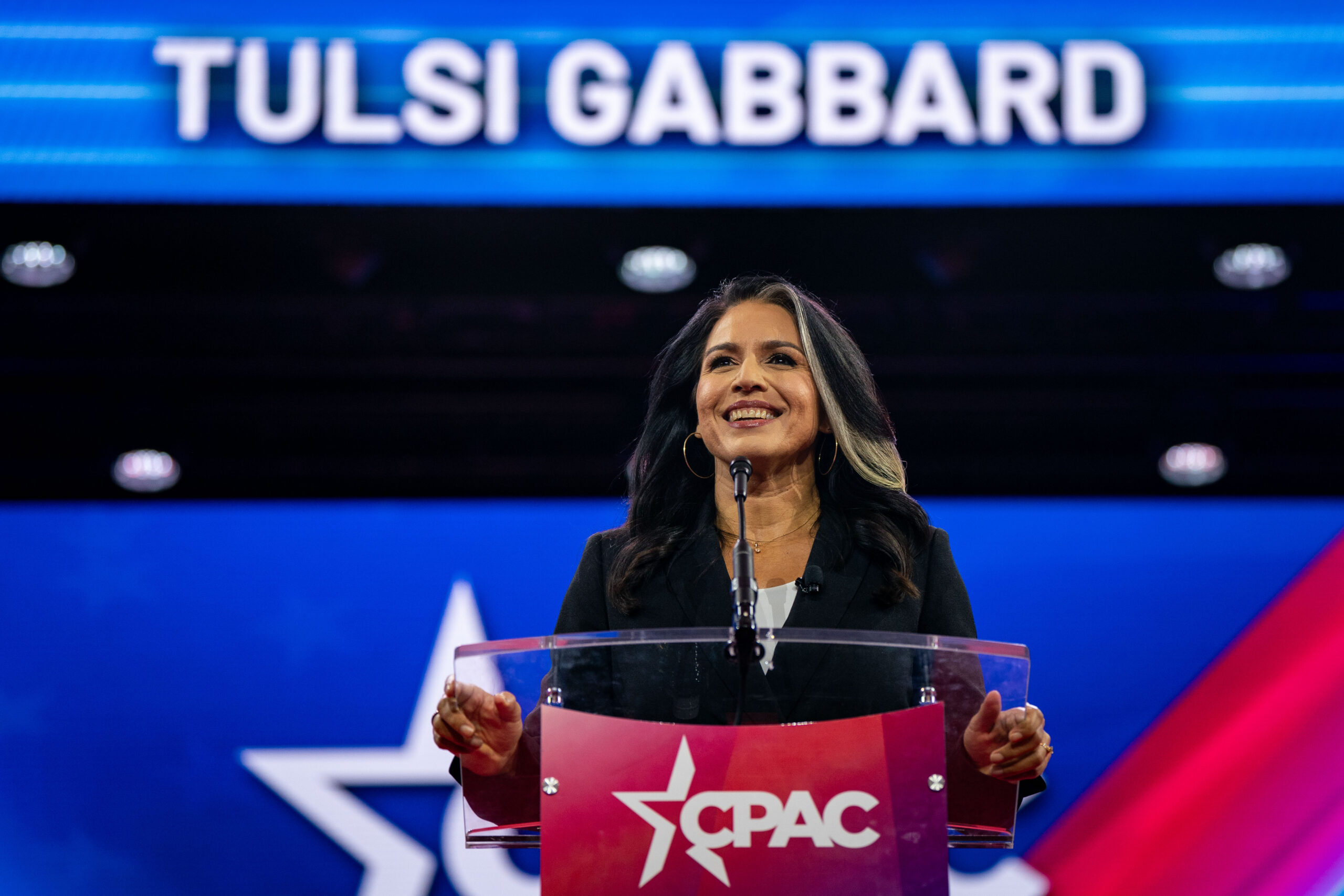Tulsi Gabbard speaks at the Conservative Political Action Conference on Thursday. Credit: Getty