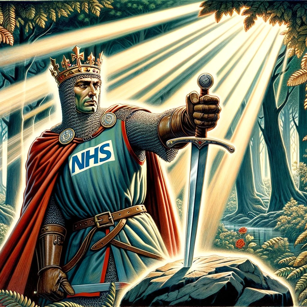 'King Arthur draws the sword from the stone, proving he and he alone can be trusted to save the NHS from stealth privatisation.' Credit: Sam Ashworth-Hayes/X