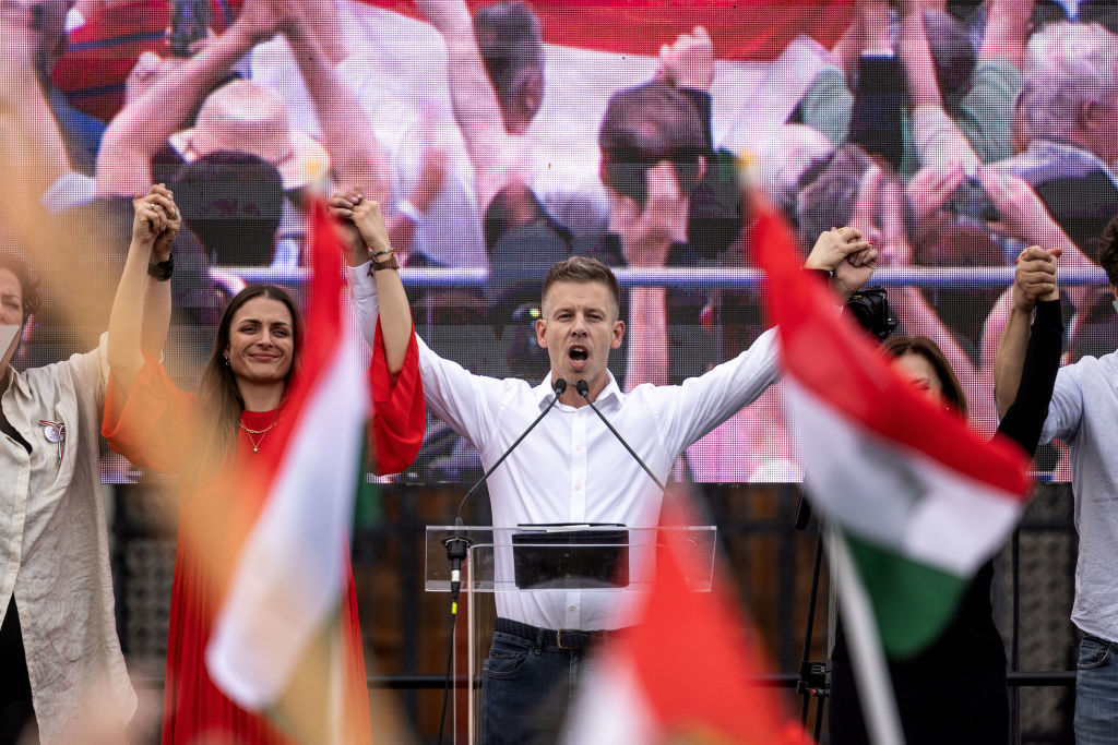 Péter Magyar speaks at Saturday's demonstration in front of  the Hungarian Parliament. Credit: Getty