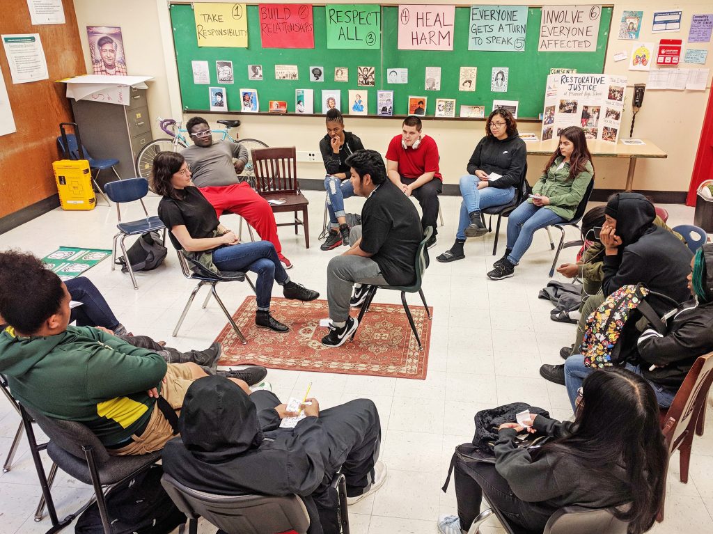 A 'community-building circle' at a high school in Oakland, California