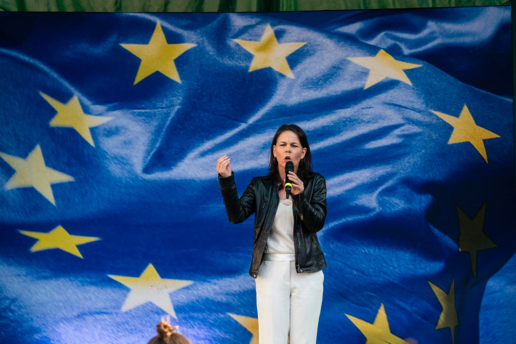 German Greens politician Annalena Baerbock rallies supporters last week. Credit: Getty