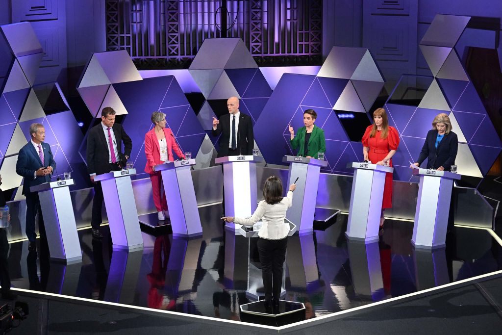 l-r: Reform UK leader Nigel Farage, Plaid Cymru leader Rhun ap Iorwerth, Liberal Democrats deputy leader Daisy Cooper, SNP Commons leader Stephen Flynn, Green Party co-leader Carla Denyer, Labour deputy leader Angela Rayner and Conservative Commons leader Penny Mordaunt. Credit: Getty