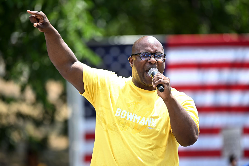 Jamaal Bowman speaks at a campaign rally in the Bronx at the weekend. Credit: Getty
