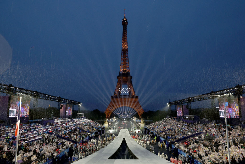 Last night's Paris Olympics opening ceremony, featuring the Eiffel Tower. Credit: Getty