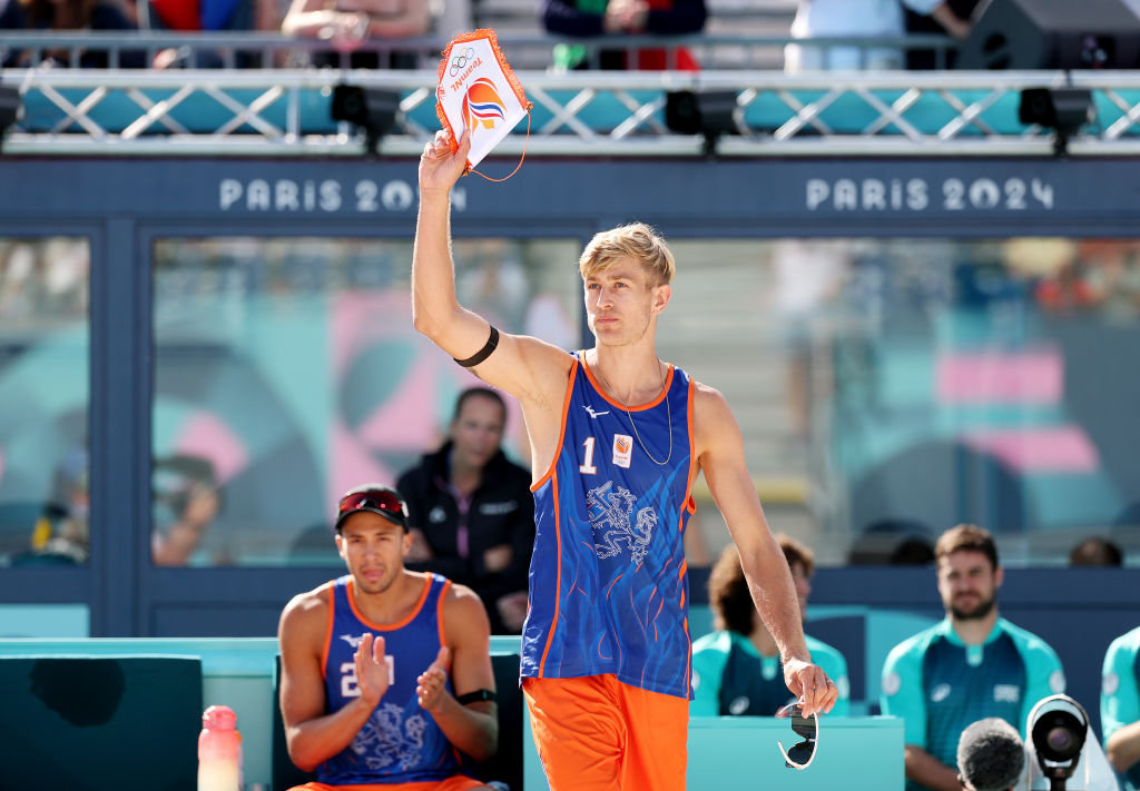 Steven van de Velde representing the Netherlands against Italy at the Olympics yesterday. Credit: Getty