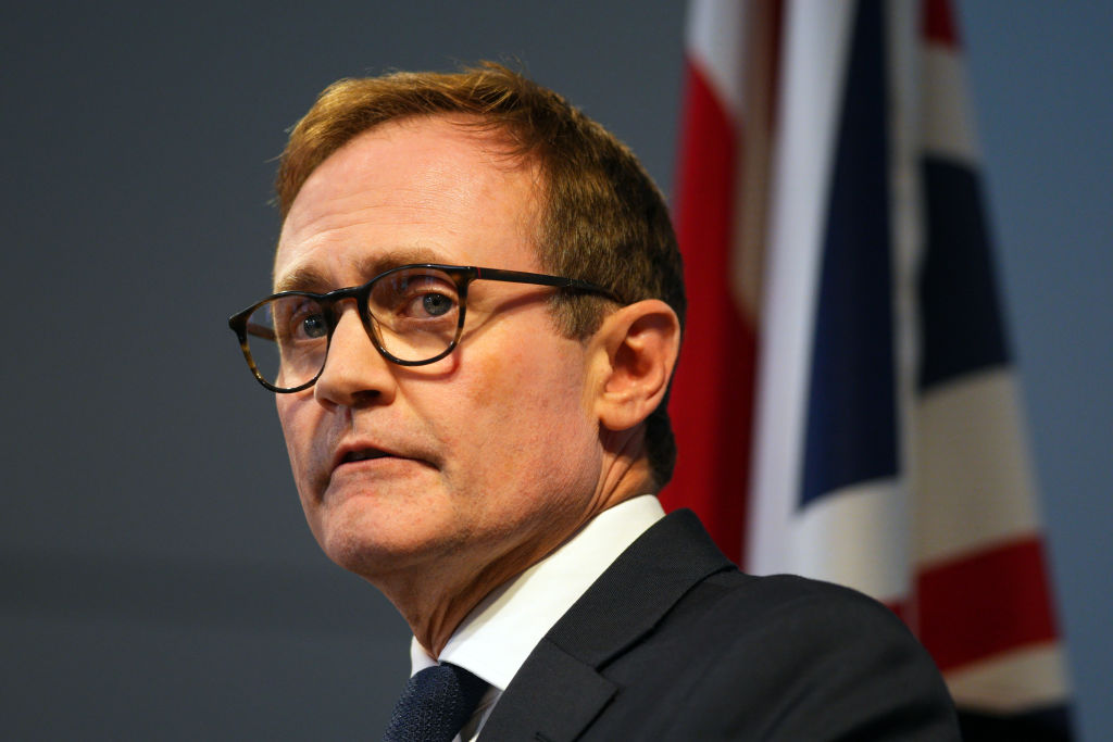 Tom Tugendhat pledges a net migration cap during a press conference on Thursday. Credit: Getty