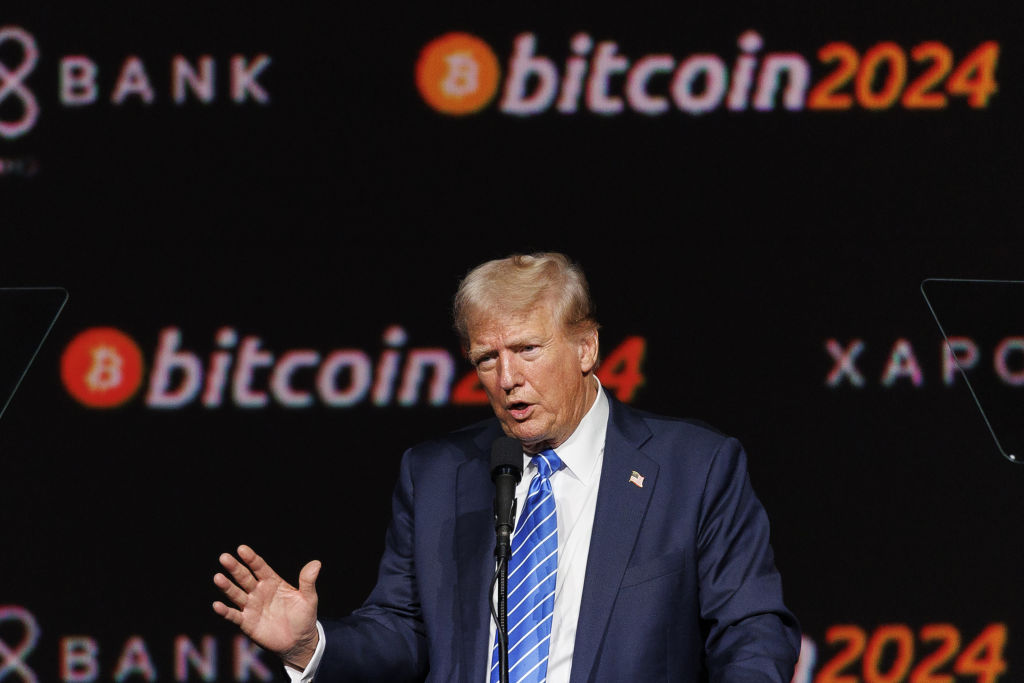 Donald Trump speaks at the Bitcoin 2024 conference in Nashville, Tennessee in July. Credit: Getty