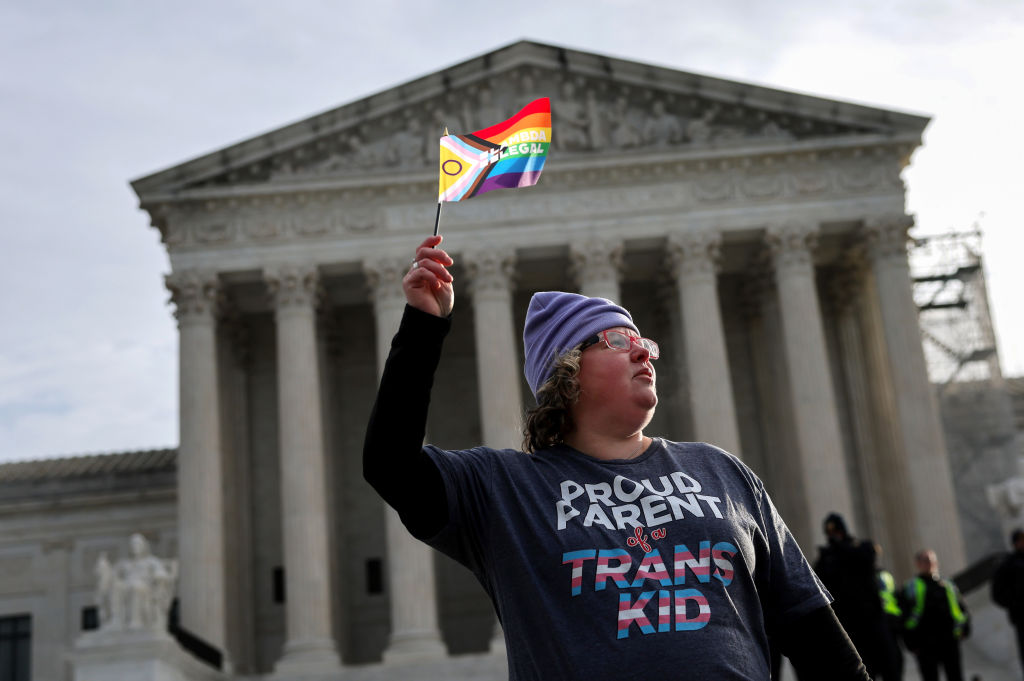 A trans rights supporter outside the US Supreme Court today. Credit: Getty