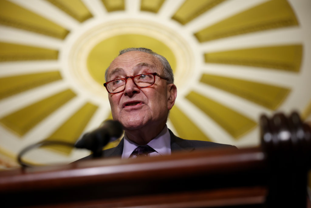 Democratic Senate Minority Leader Chuck Schumer speaks earlier this month on the Laken Riley Act. Credit: Getty 