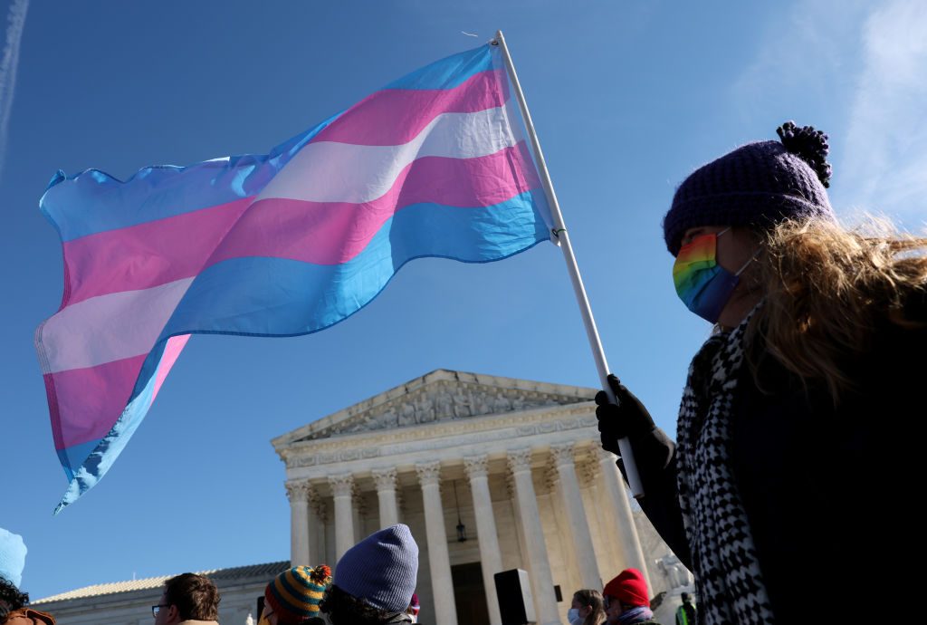 A trans rights supporter protests outside the Supreme Court. Credit: Getty