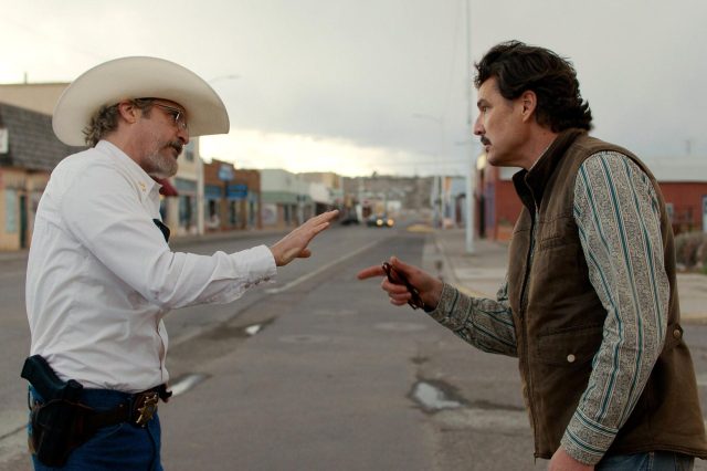 Joaquin Phoenix and Pedro Pascal in 'Eddington'. A24