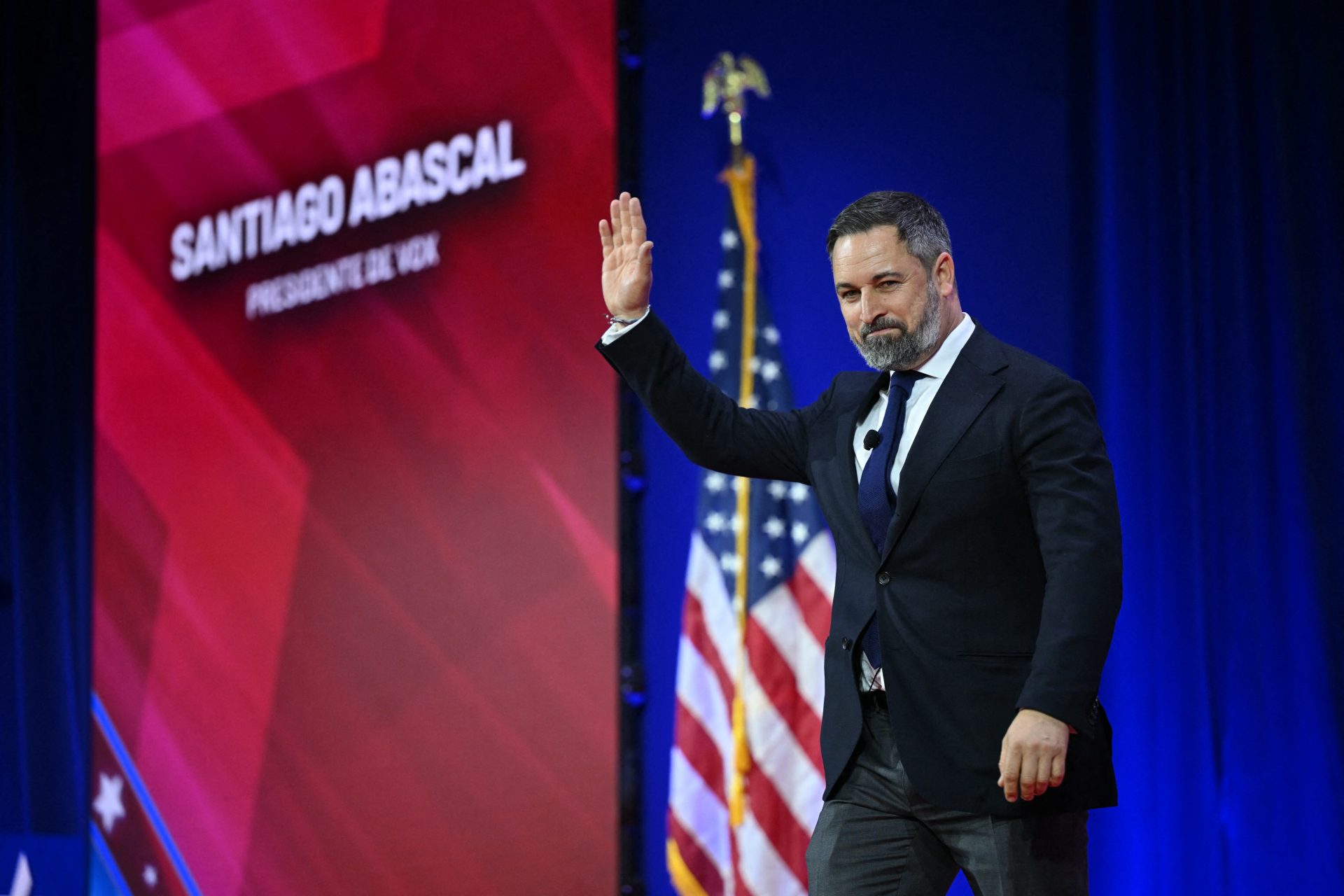 Vox President Santiago Abascal speaks at CPAC in Washington DC last year. Credit: Getty.