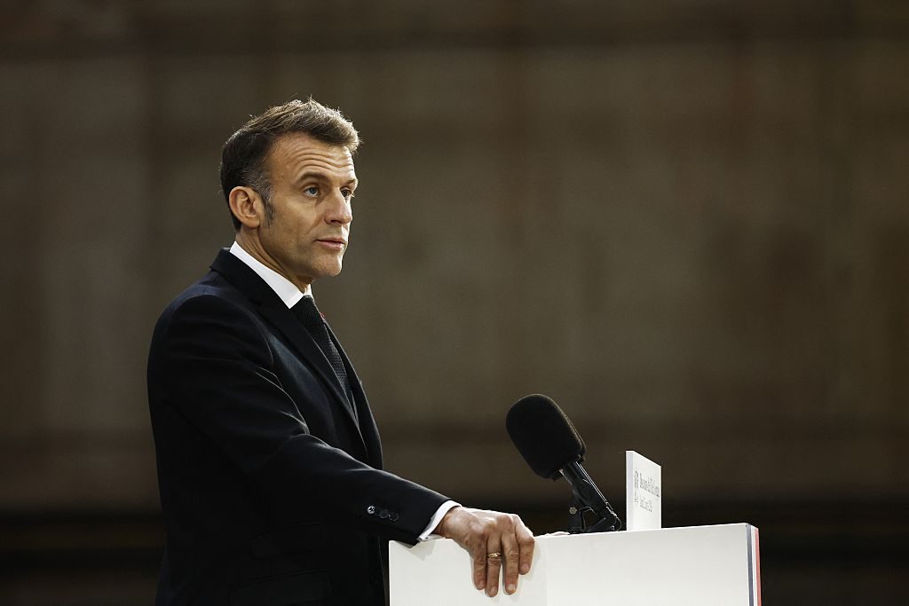 Macron speaks in Île Longue yesterday. Credit: Getty 