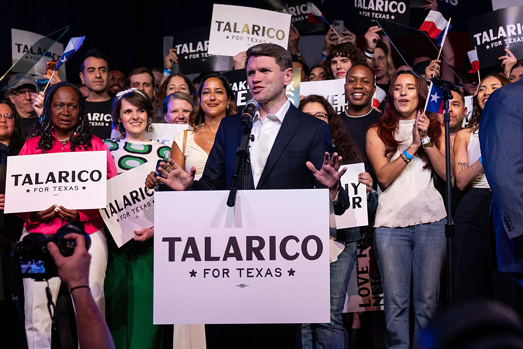 Texas Senate candidate James Talarico addresses supporters last night. Credit: Getty