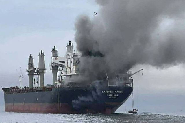 A Thai bulk carrier burns near the Strait of Hormuz. Credit: Getty