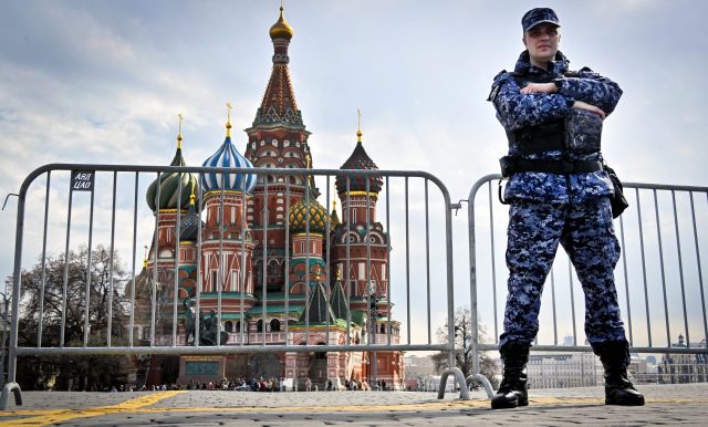 A Russian National Guard serviceman stands guard on Red Square on April 1, 2026. (Alexander Nemenov/AFP/Getty)