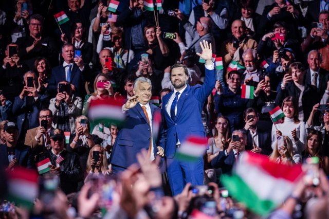 US Vice President J.D. Vance and Hungarian PM Viktor Orban at an election campaign rally on April 7, 2026. (Janos Kummer/Getty)