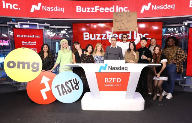 Better days: Buzzfeed co-founder Jonah Peretti (center) at Nasdaq. Credit: Getty