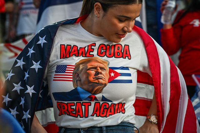 A MAGA supporter participates in the "Cuba Libre" demonstration in the city of Hialeah, Florida. Credit: Getty