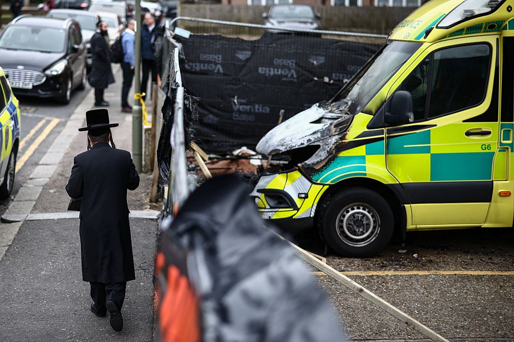 The aftermath of an antisemitic arson attack in north London earlier this year. Credit: Getty